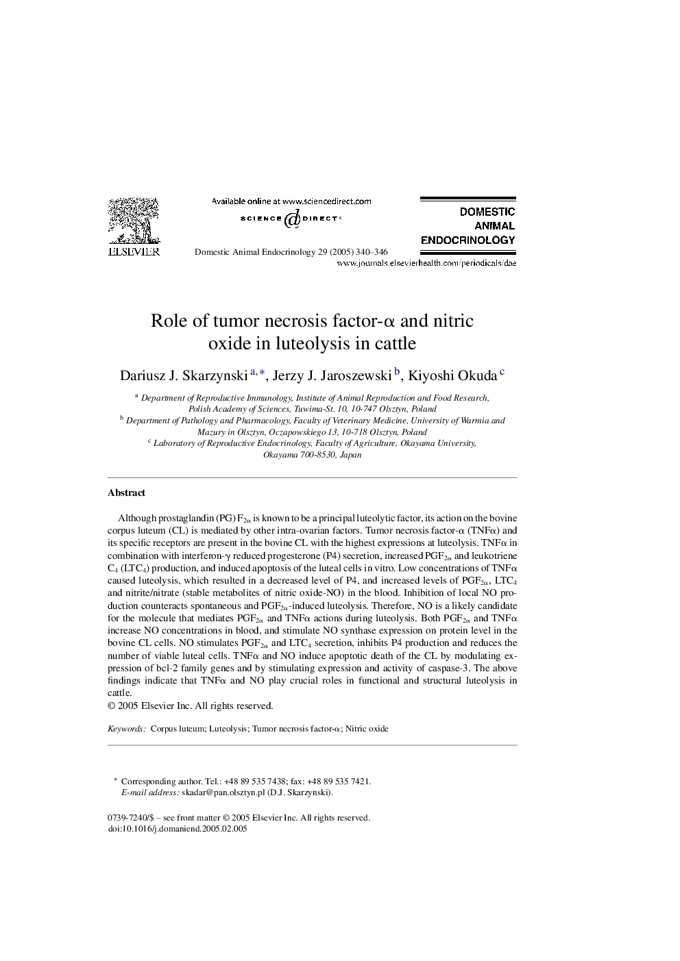 Role of tumor necrosis factor-Î± and nitric oxide in luteolysis in cattle