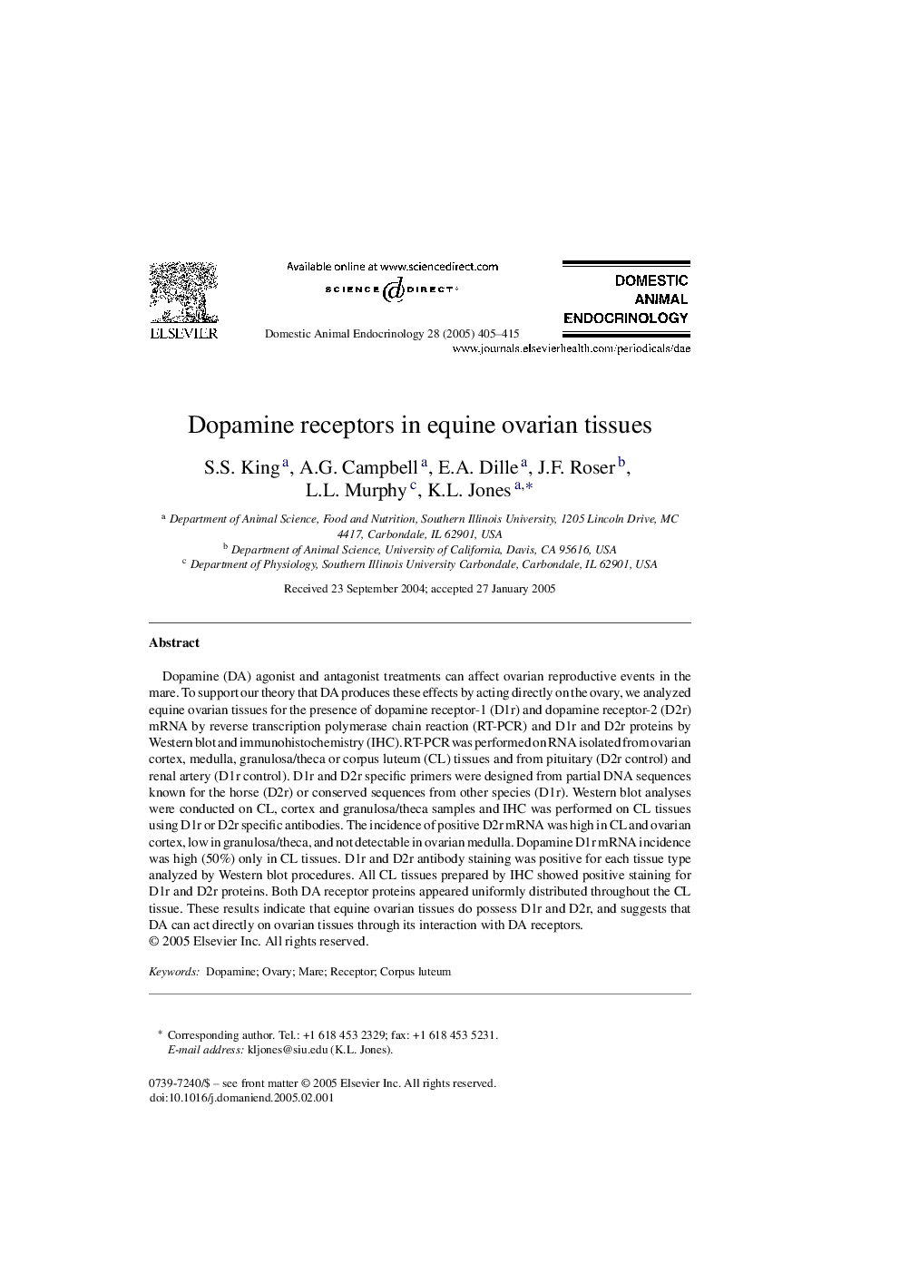 Dopamine receptors in equine ovarian tissues