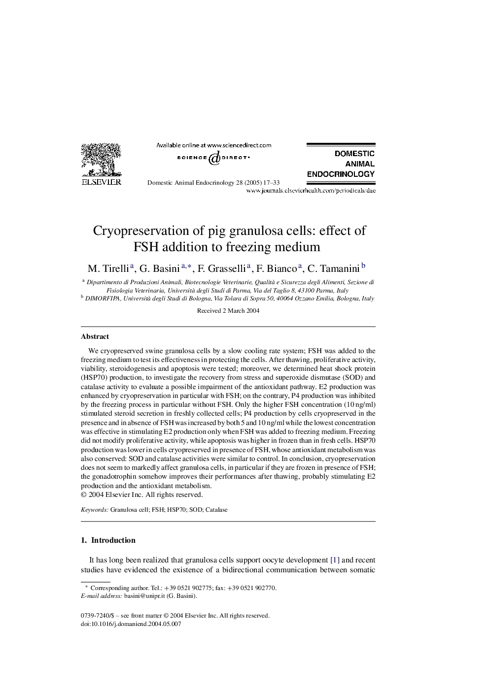 Cryopreservation of pig granulosa cells: effect of FSH addition to freezing medium