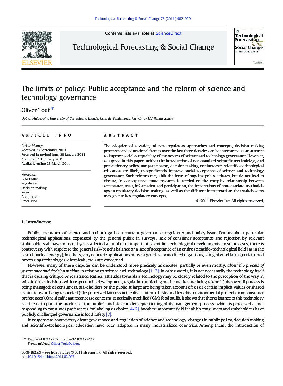 The limits of policy: Public acceptance and the reform of science and technology governance