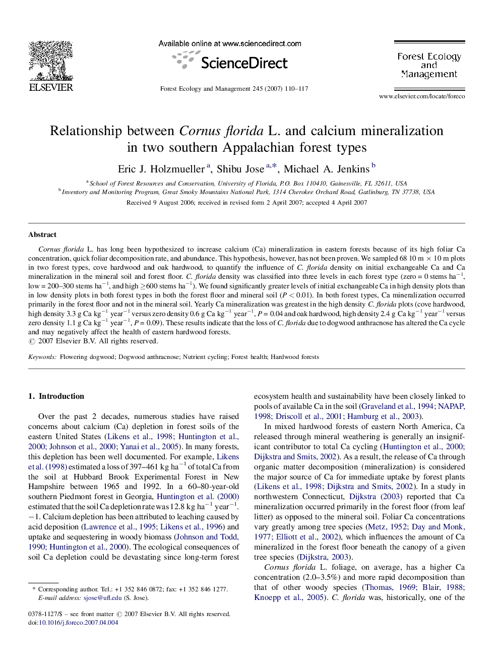 Relationship between Cornus florida L. and calcium mineralization in two southern Appalachian forest types