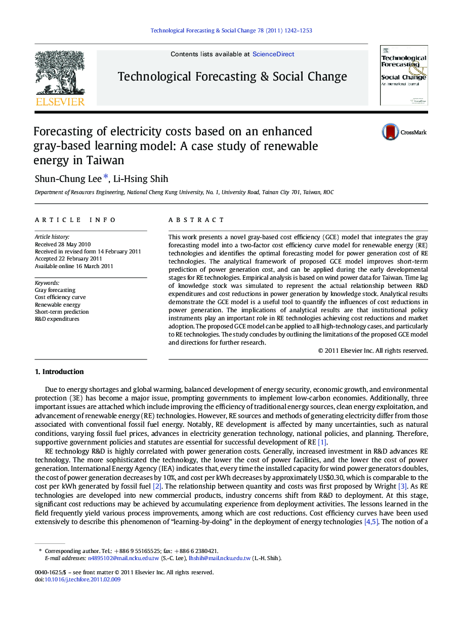 Forecasting of electricity costs based on an enhanced gray-based learning model: A case study of renewable energy in Taiwan