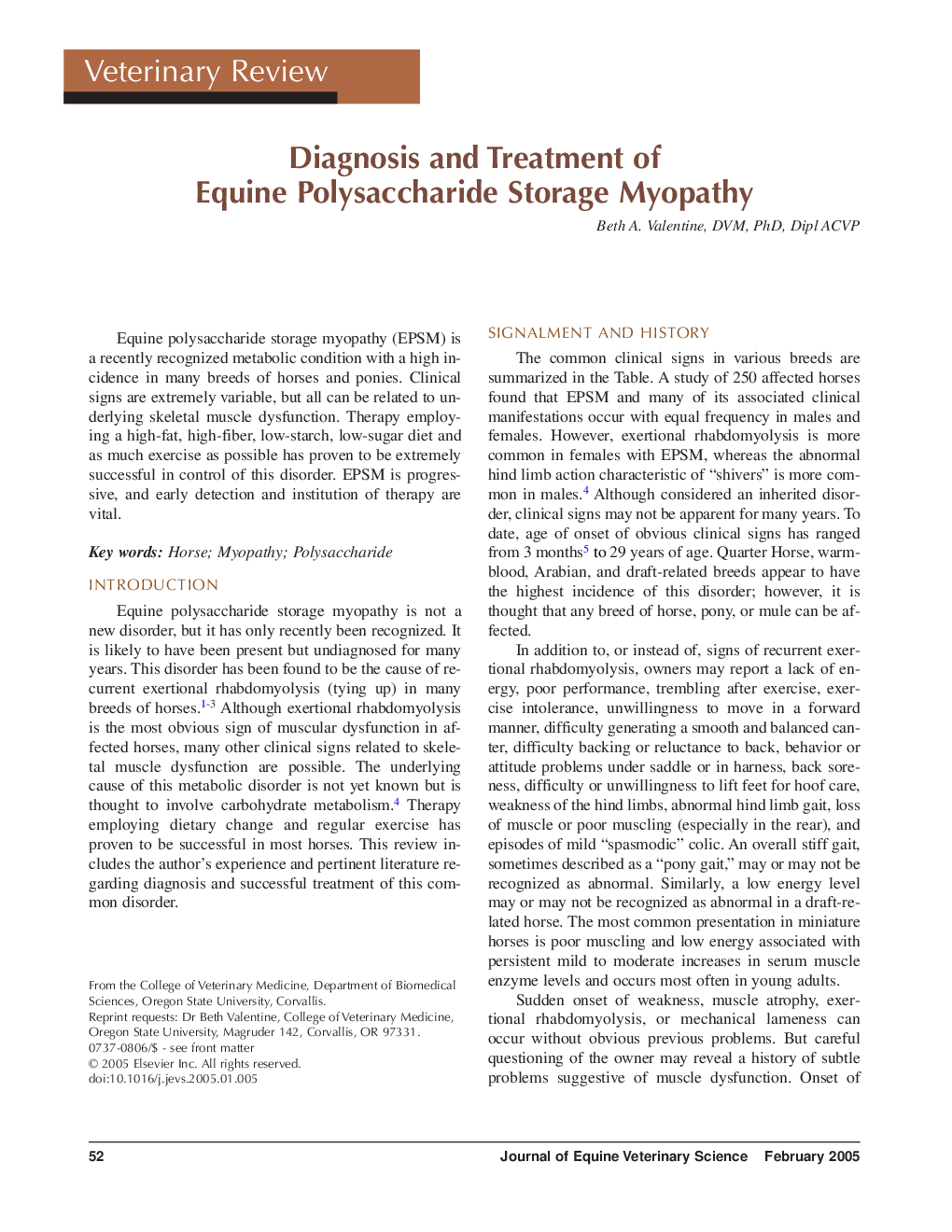 Diagnosis and treatment of equine polysaccharide storage myopathy