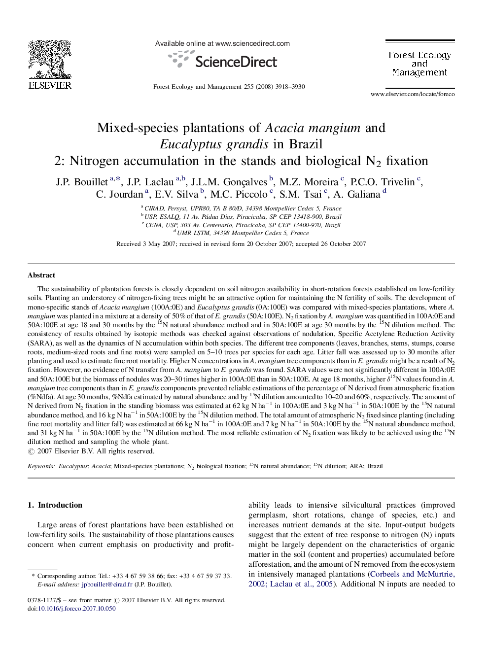 Mixed-species plantations of Acacia mangium and Eucalyptus grandis in Brazil: 2: Nitrogen accumulation in the stands and biological N2 fixation