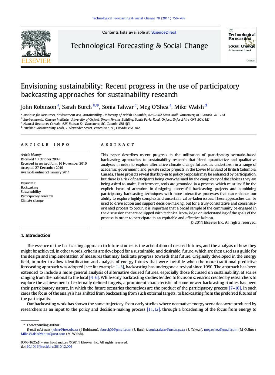 Envisioning sustainability: Recent progress in the use of participatory backcasting approaches for sustainability research