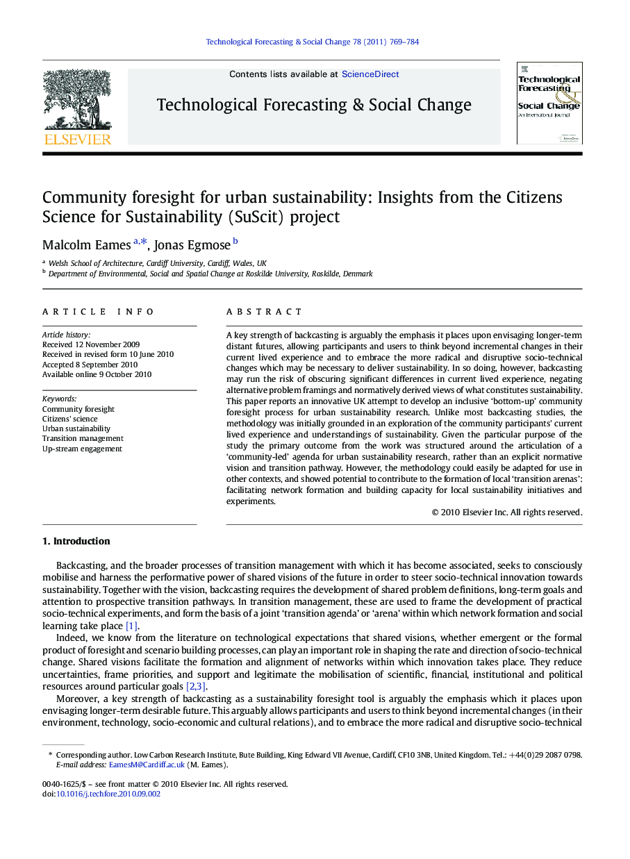 Community foresight for urban sustainability: Insights from the Citizens Science for Sustainability (SuScit) project