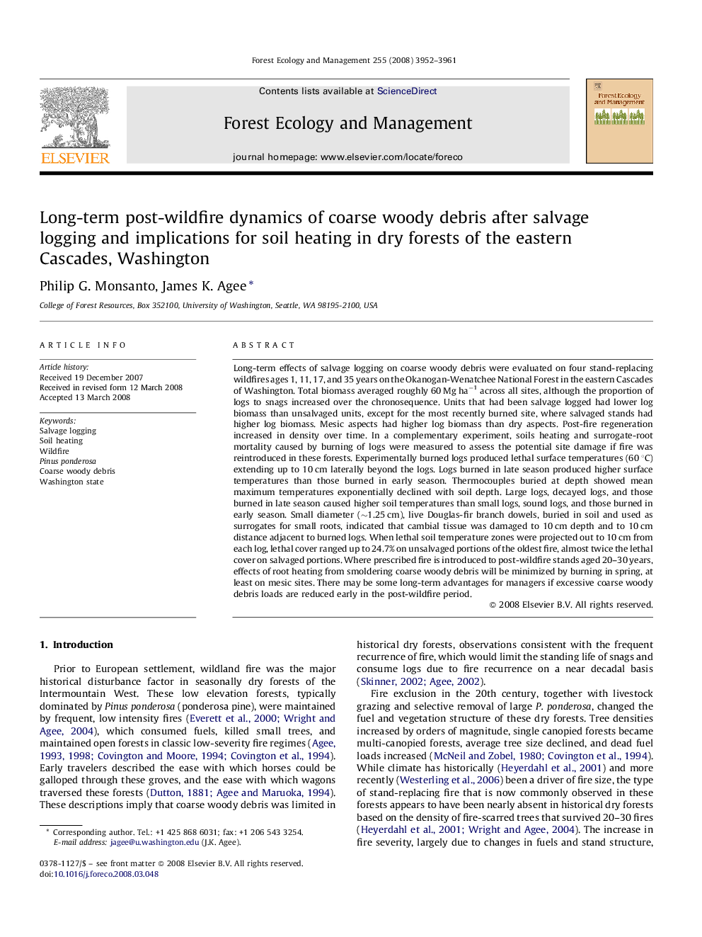 Long-term post-wildfire dynamics of coarse woody debris after salvage logging and implications for soil heating in dry forests of the eastern Cascades, Washington