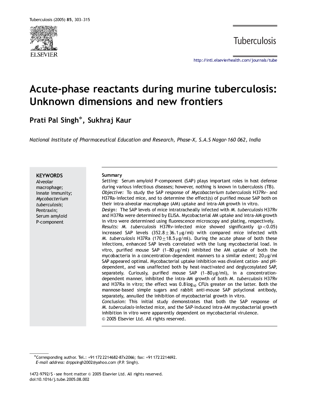 Acute-phase reactants during murine tuberculosis: Unknown dimensions and new frontiers