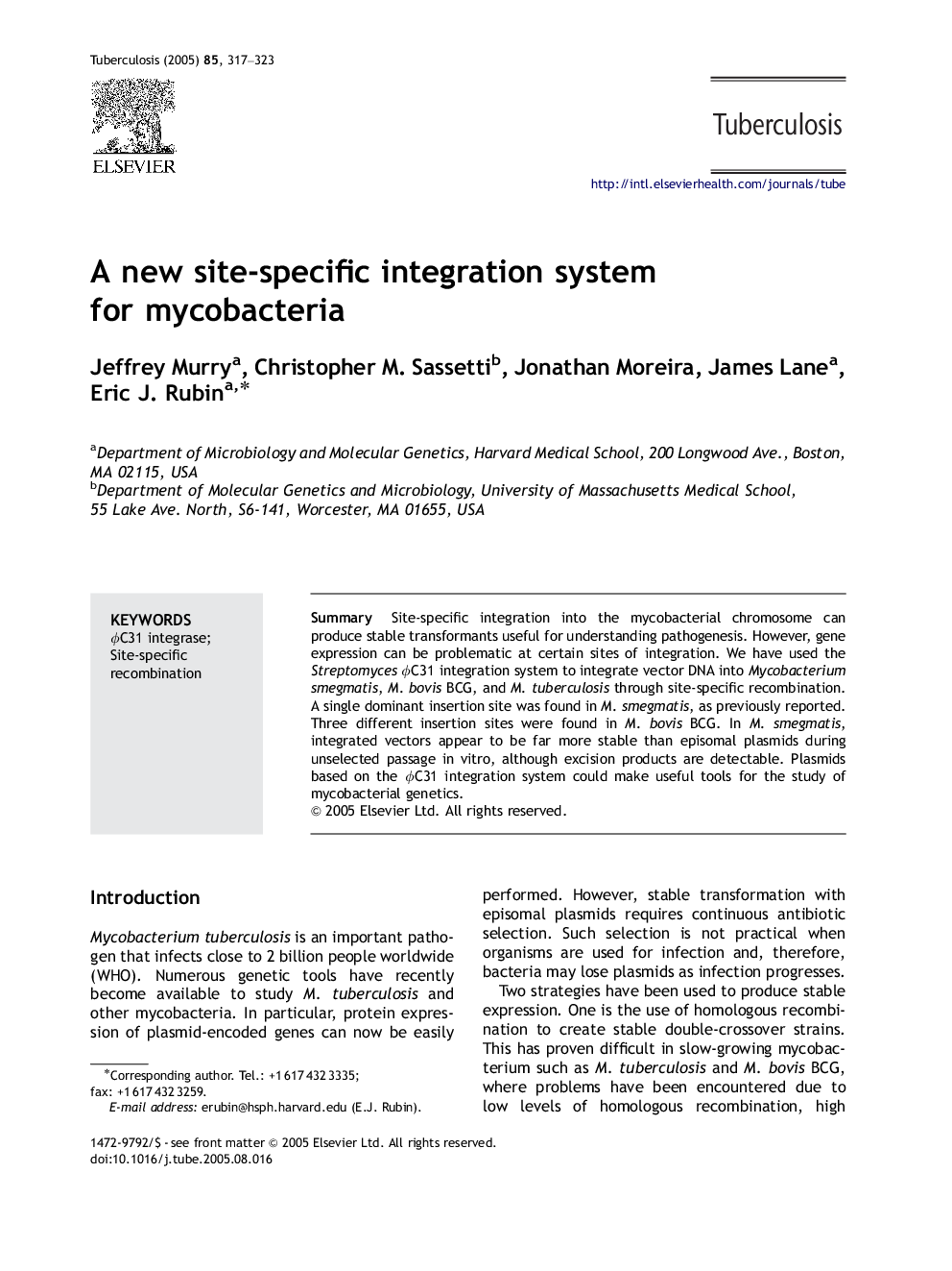 A new site-specific integration system for mycobacteria