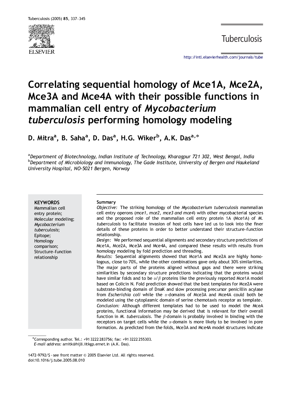 Correlating sequential homology of Mce1A, Mce2A, Mce3A and Mce4A with their possible functions in mammalian cell entry of Mycobacterium tuberculosis performing homology modeling