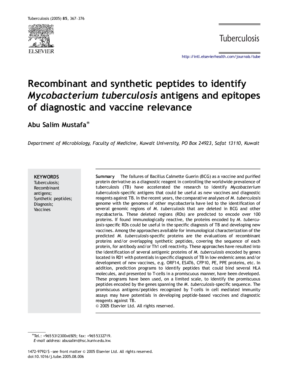 Recombinant and synthetic peptides to identify Mycobacterium tuberculosis antigens and epitopes of diagnostic and vaccine relevance