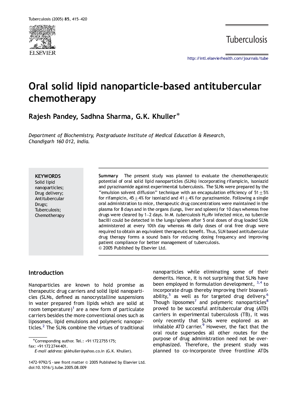 Oral solid lipid nanoparticle-based antitubercular chemotherapy