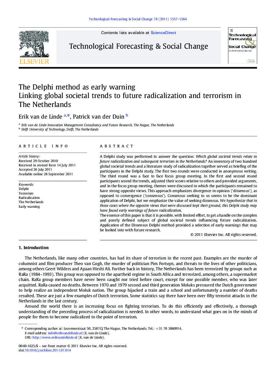 The Delphi method as early warning: Linking global societal trends to future radicalization and terrorism in The Netherlands