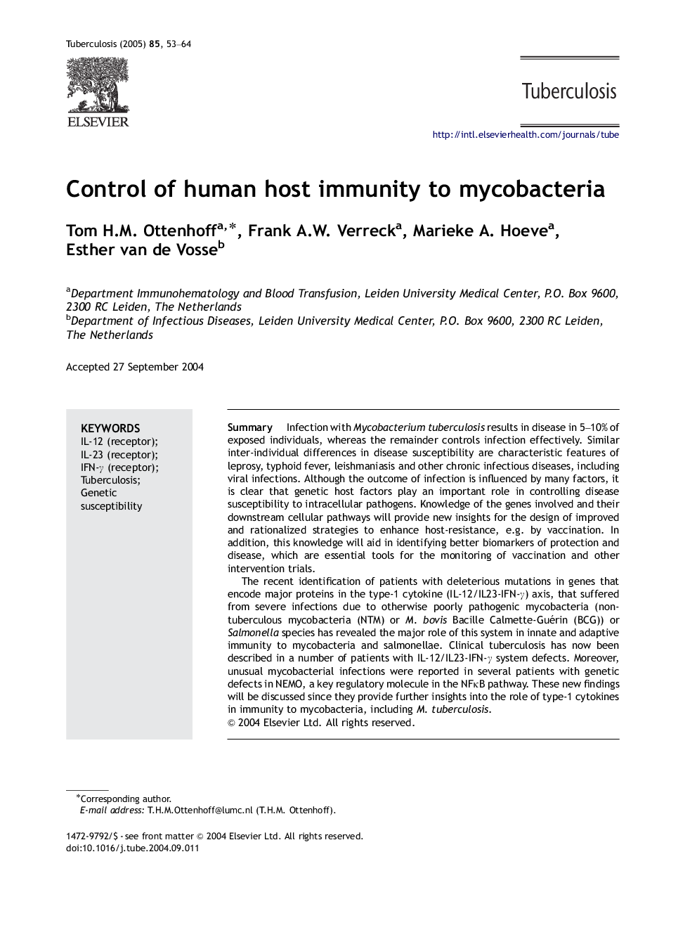 عکس صفحه اول مقاله: Control of human host immunity to mycobacteria Control of human host immunity to mycobacteria