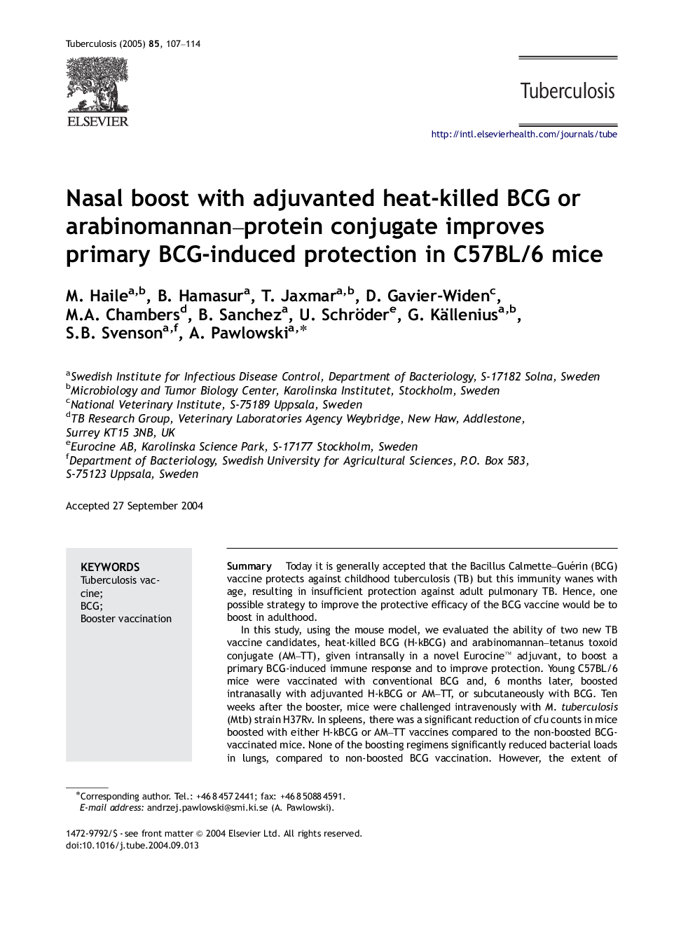 Nasal boost with adjuvanted heat-killed BCG or arabinomannan-protein conjugate improves primary BCG-induced protection in C57BL/6 mice