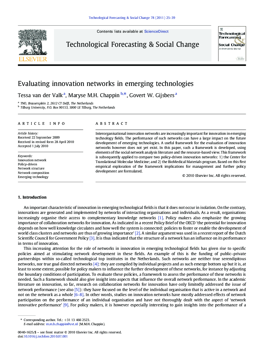 Evaluating innovation networks in emerging technologies