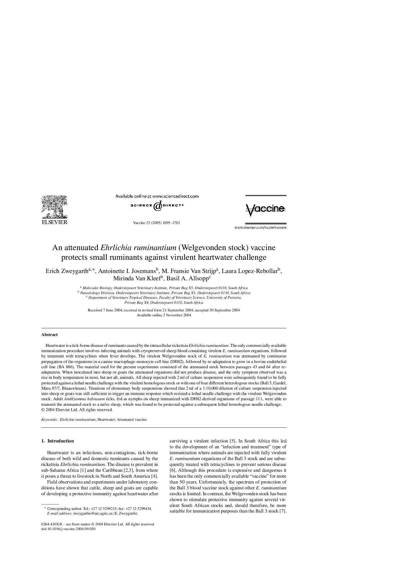 An attenuated Ehrlichia ruminantium (Welgevonden stock) vaccine protects small ruminants against virulent heartwater challenge