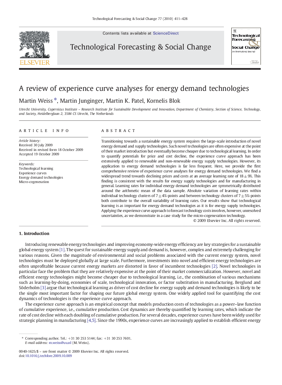 A review of experience curve analyses for energy demand technologies