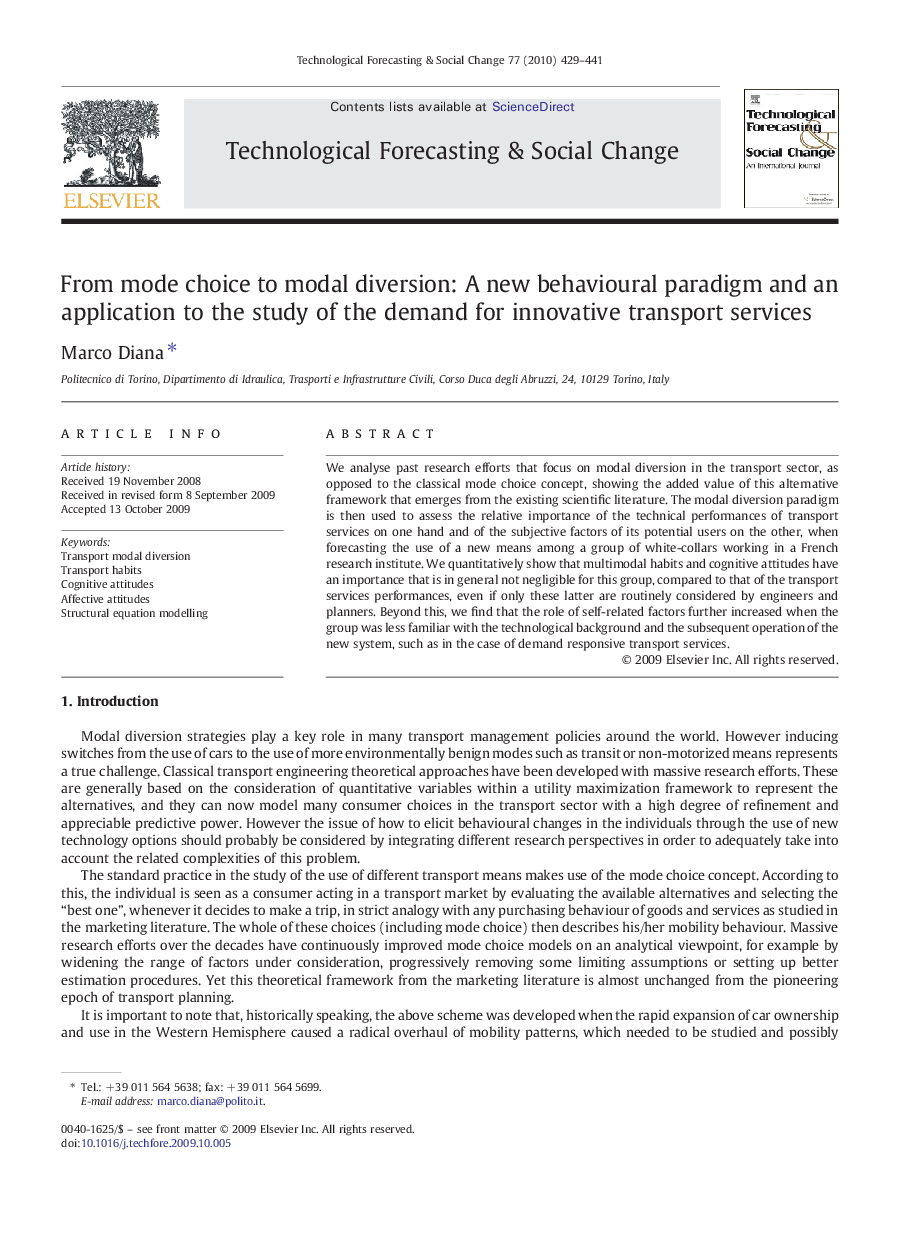 From mode choice to modal diversion: A new behavioural paradigm and an application to the study of the demand for innovative transport services