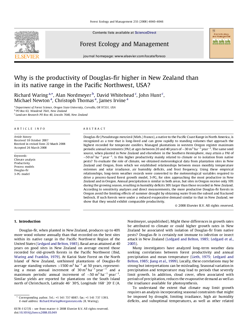 Why is the productivity of Douglas-fir higher in New Zealand than in its native range in the Pacific Northwest, USA?