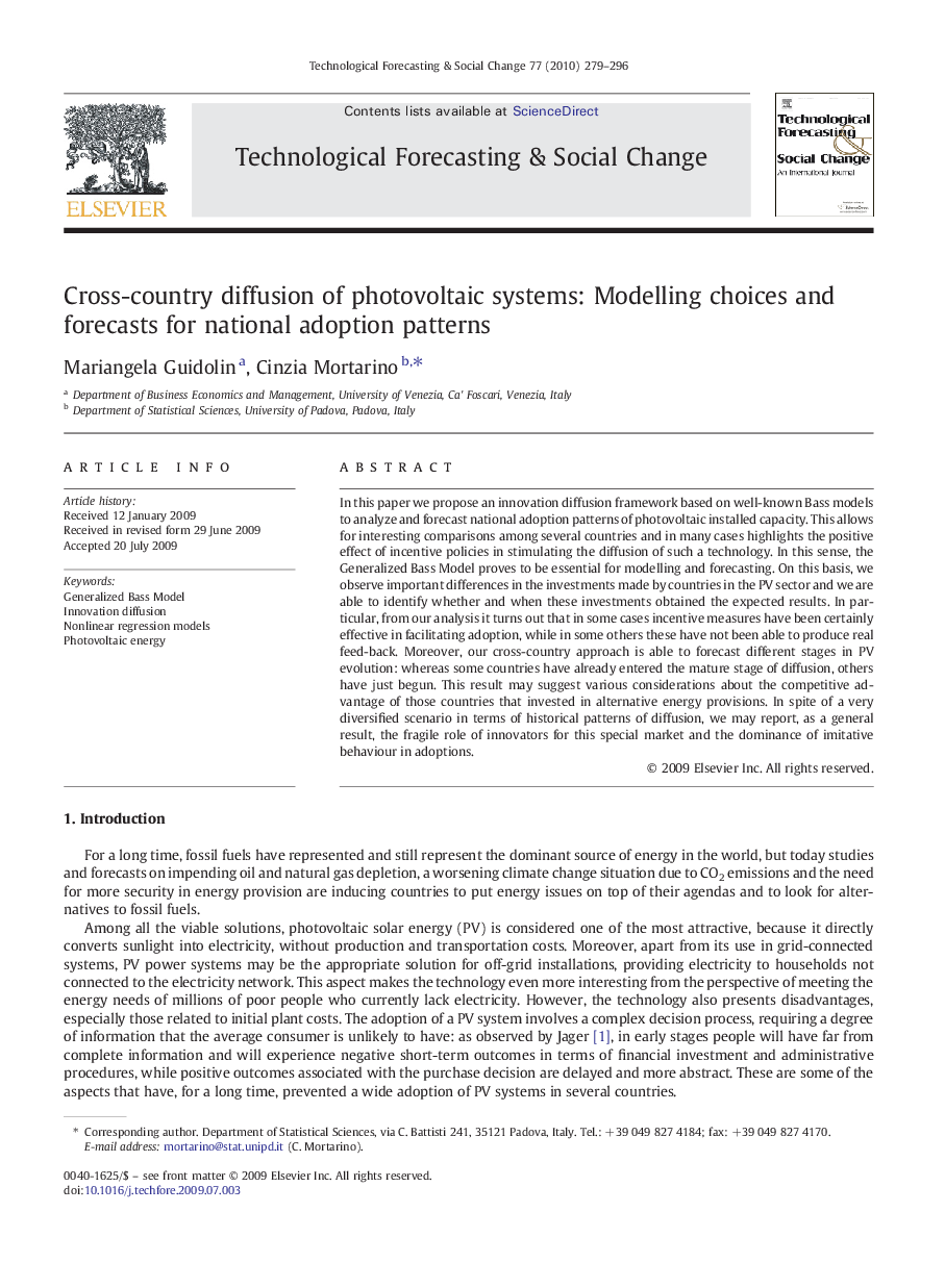 Cross-country diffusion of photovoltaic systems: Modelling choices and forecasts for national adoption patterns