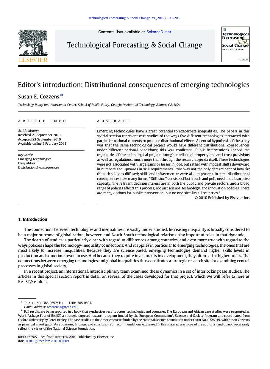 Editor's introduction: Distributional consequences of emerging technologies