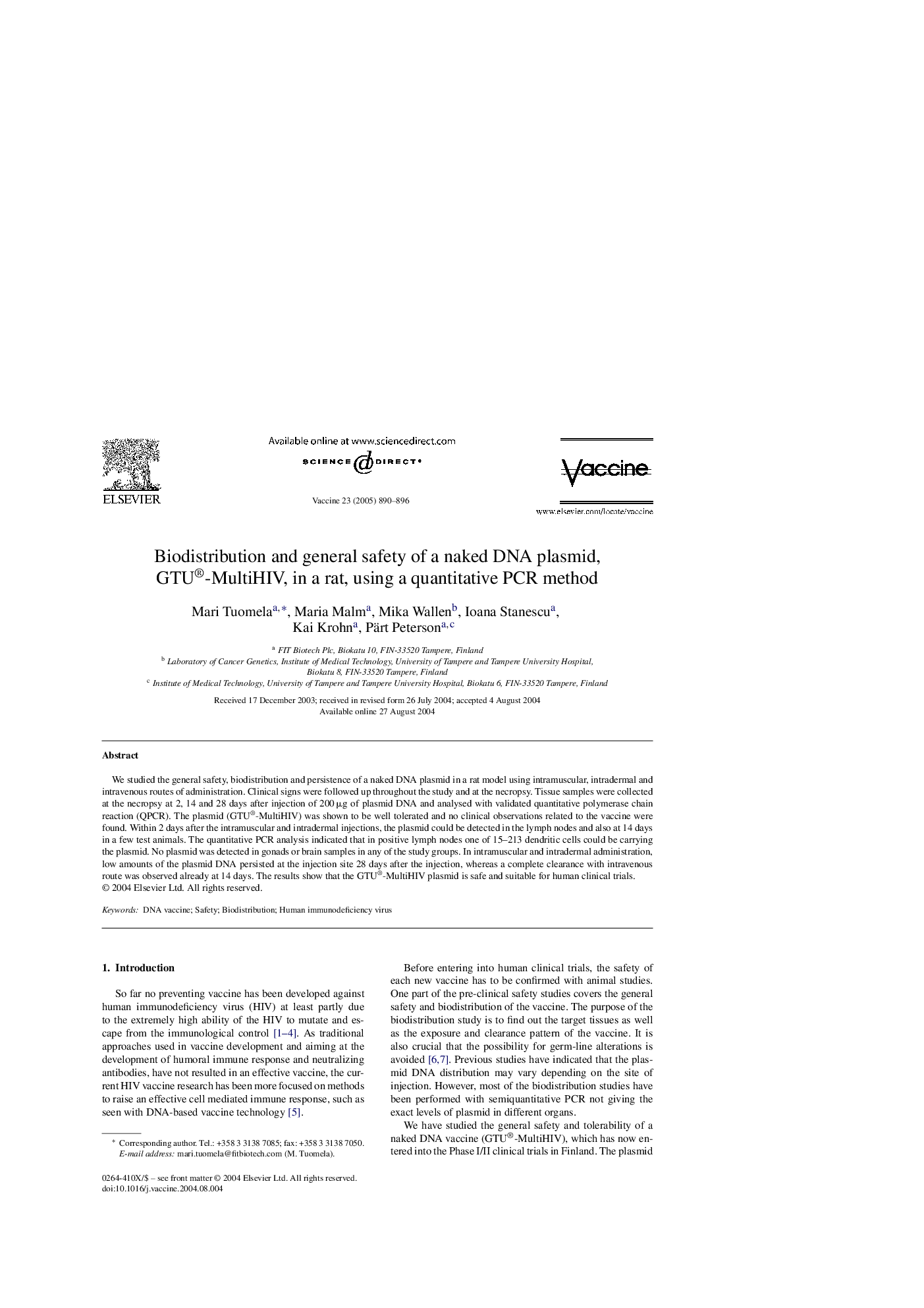 عکس صفحه اول مقاله: Biodistribution and general safety of a naked DNA plasmid, GTU®-MultiHIV, in a rat, using a quantitative PCR method Biodistribution and general safety of a naked DNA plasmid, GTU®-MultiHIV, in a rat, using a quantitative PCR method