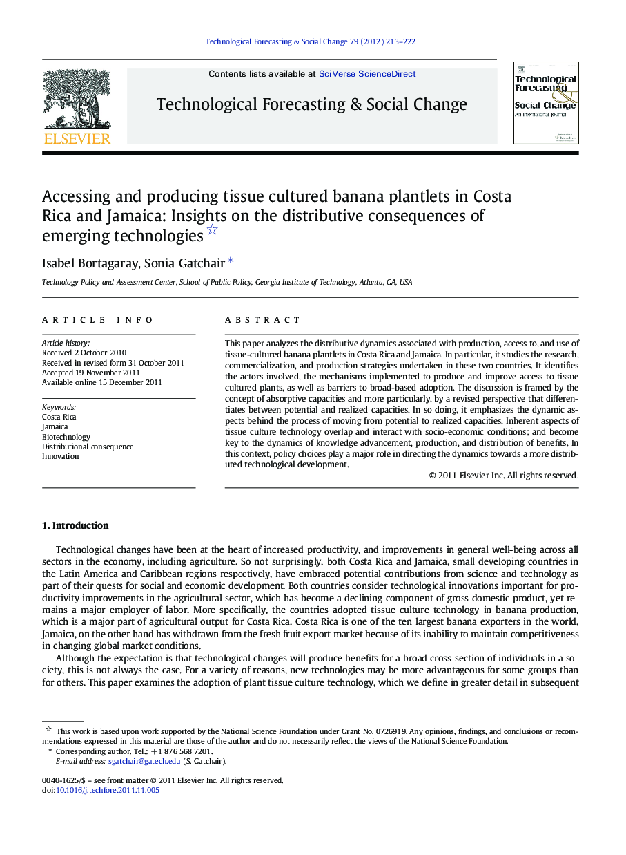 Accessing and producing tissue cultured banana plantlets in Costa Rica and Jamaica: Insights on the distributive consequences of emerging technologies 