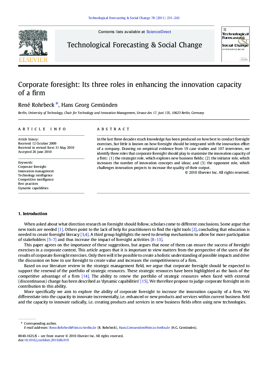 Corporate foresight: Its three roles in enhancing the innovation capacity of a firm