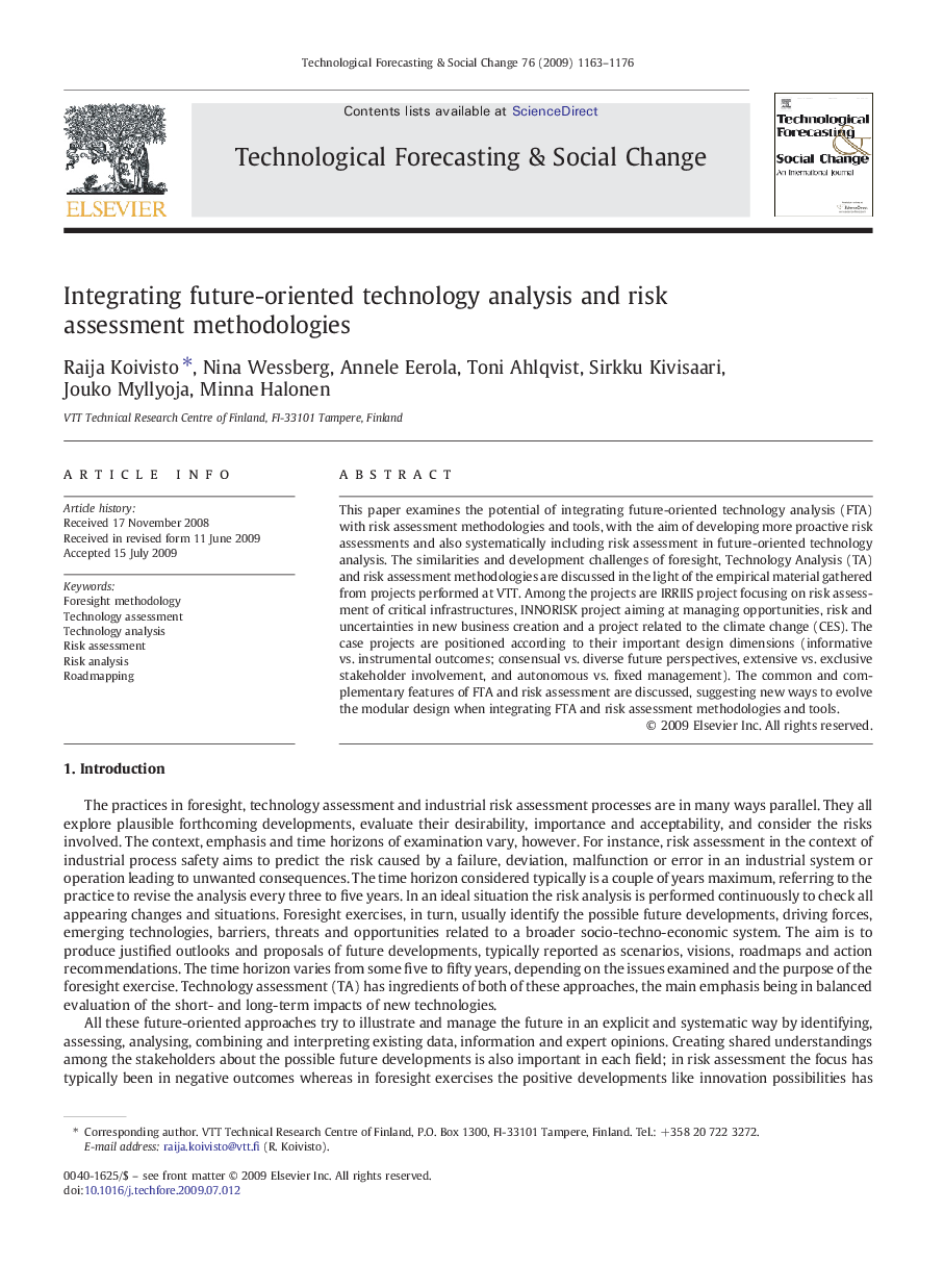 Integrating future-oriented technology analysis and risk assessment methodologies