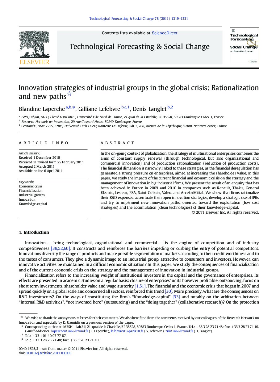 Innovation strategies of industrial groups in the global crisis: Rationalization and new paths 