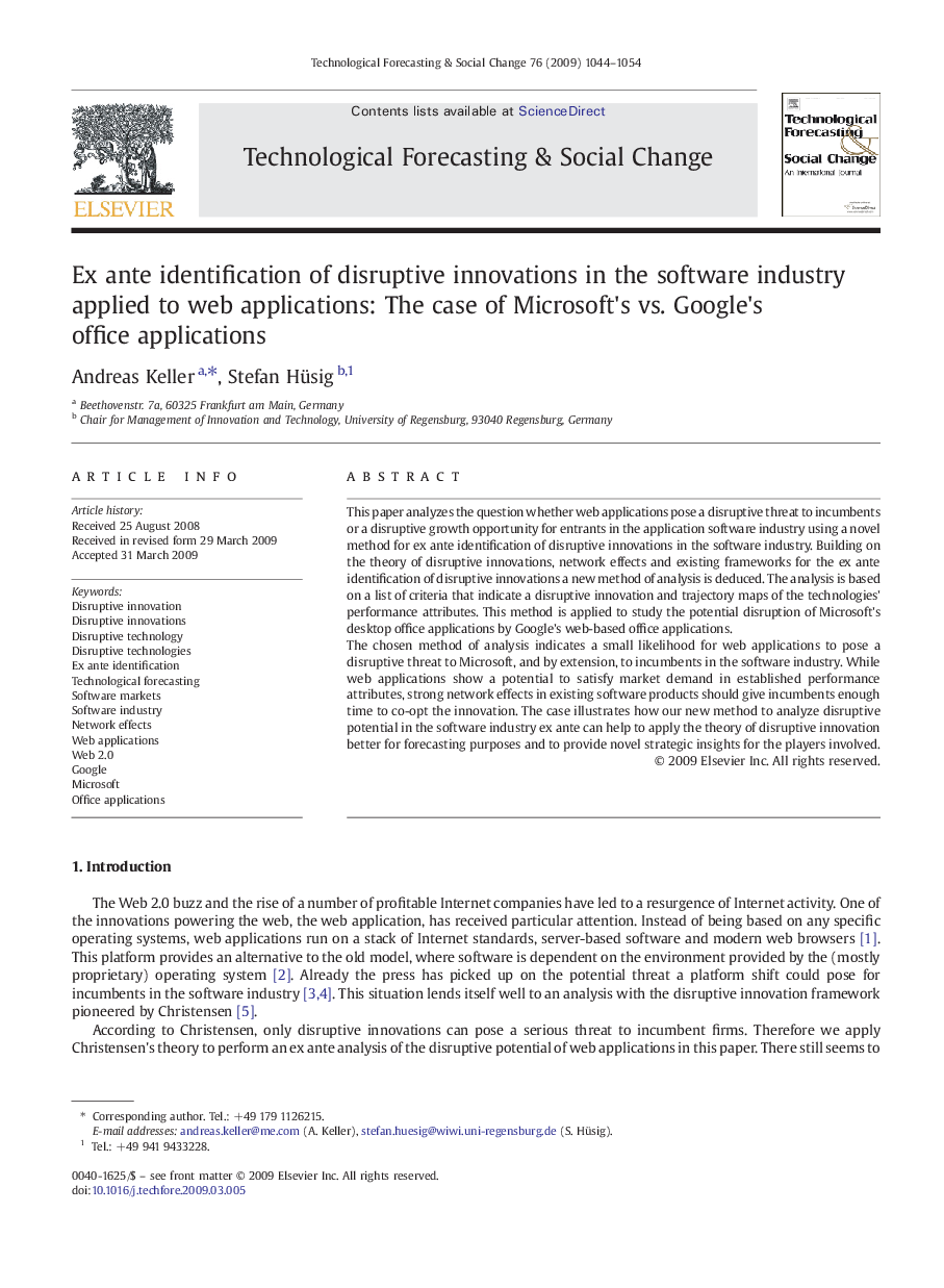 Ex ante identification of disruptive innovations in the software industry applied to web applications: The case of Microsoft's vs. Google's office applications