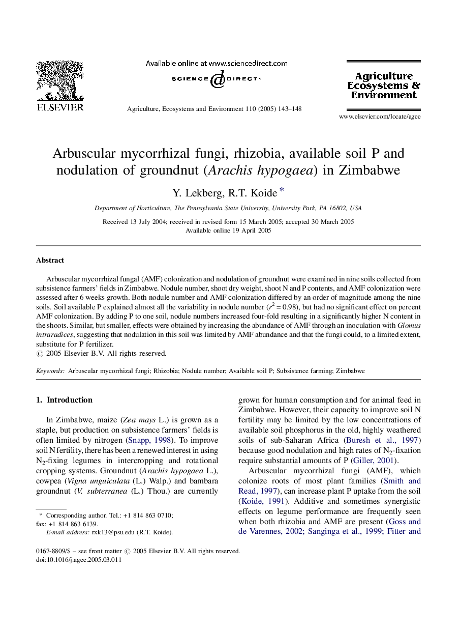 Arbuscular mycorrhizal fungi, rhizobia, available soil P and nodulation of groundnut (Arachis hypogaea) in Zimbabwe