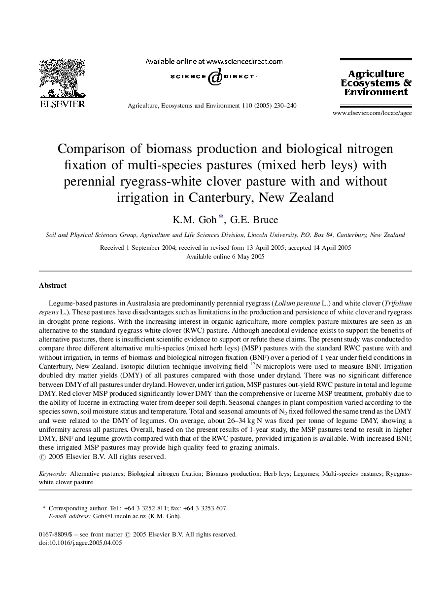 Comparison of biomass production and biological nitrogen fixation of multi-species pastures (mixed herb leys) with perennial ryegrass-white clover pasture with and without irrigation in Canterbury, New Zealand