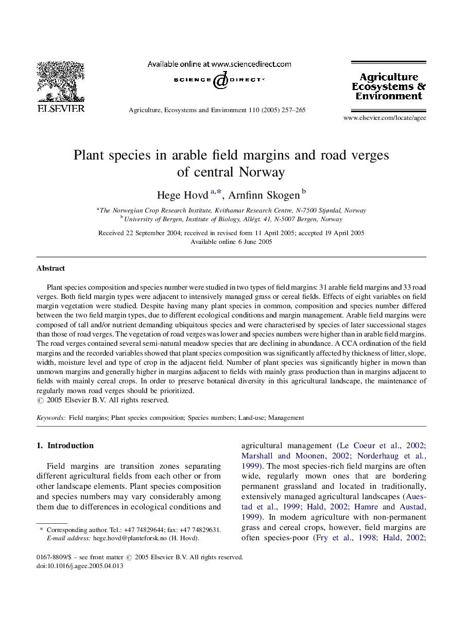 Plant species in arable field margins and road verges of central Norway