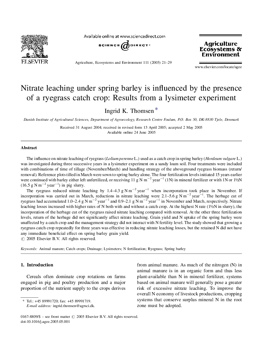 Nitrate leaching under spring barley is influenced by the presence of a ryegrass catch crop: Results from a lysimeter experiment