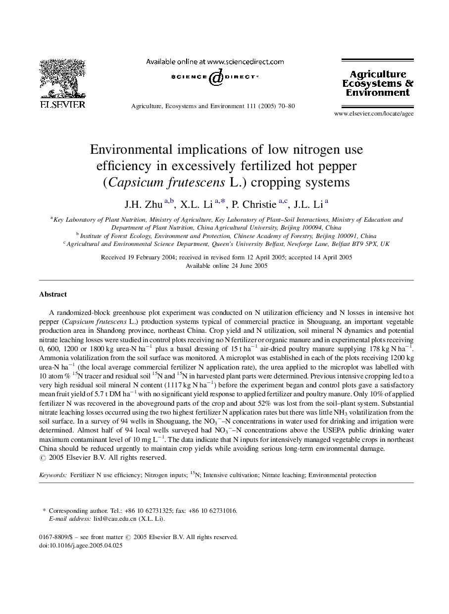 Environmental implications of low nitrogen use efficiency in excessively fertilized hot pepper (Capsicum frutescens L.) cropping systems