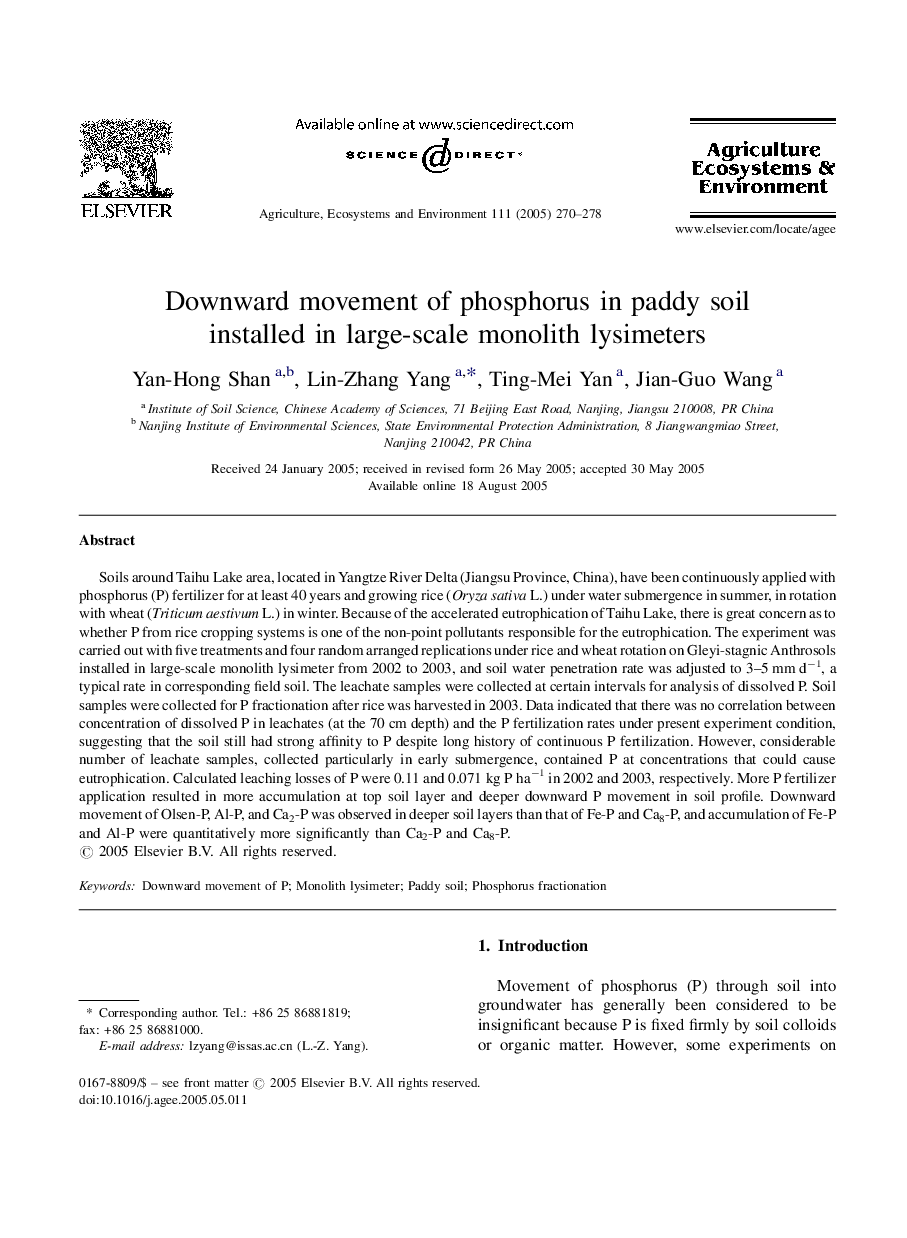 Downward movement of phosphorus in paddy soil installed in large-scale monolith lysimeters