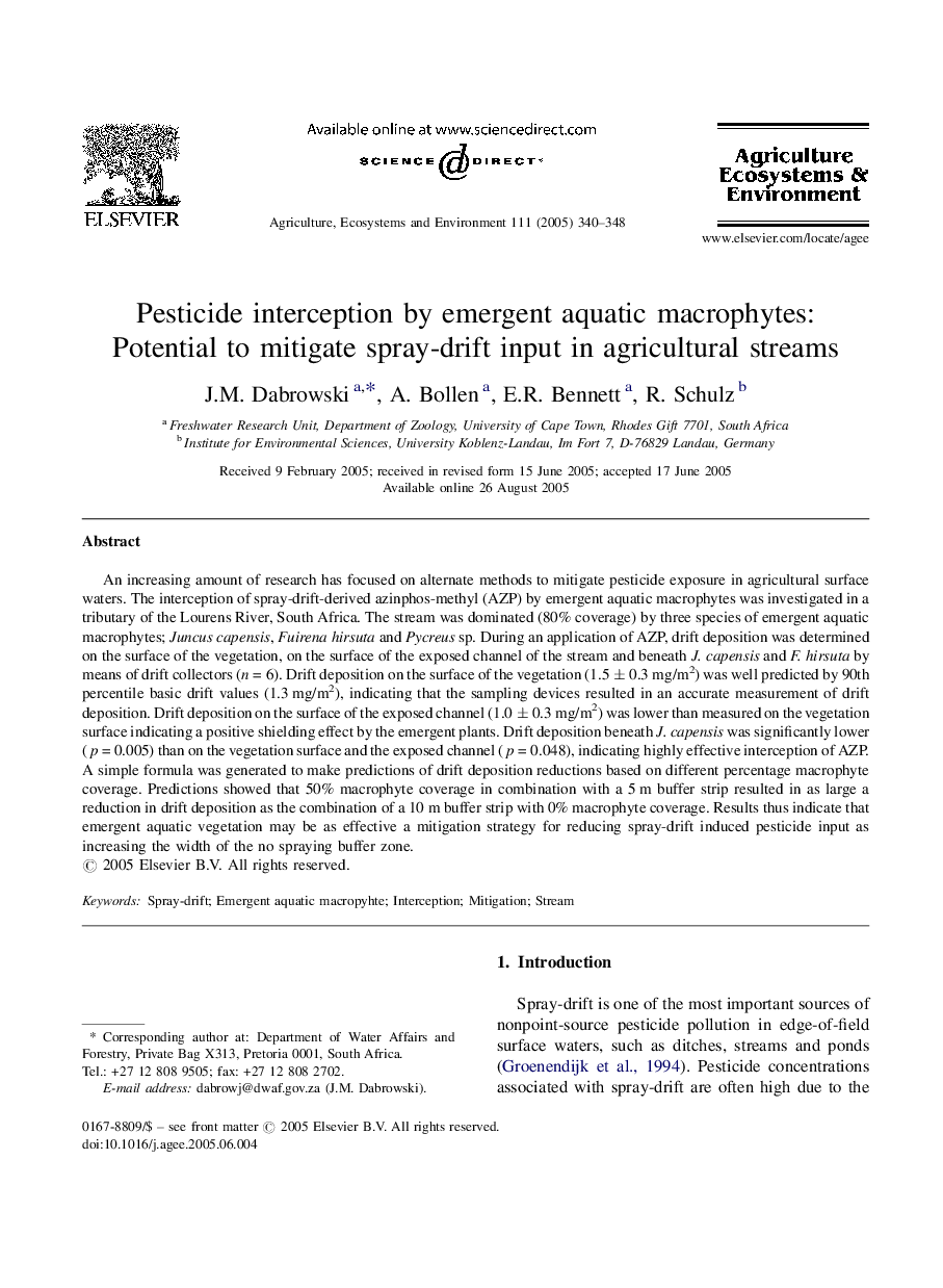 Pesticide interception by emergent aquatic macrophytes: Potential to mitigate spray-drift input in agricultural streams