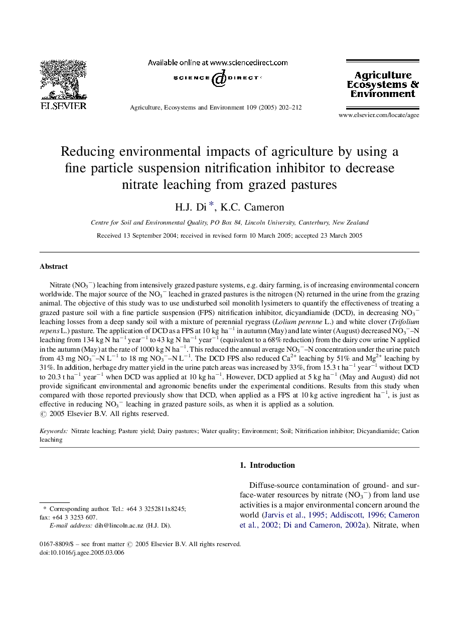 Reducing environmental impacts of agriculture by using a fine particle suspension nitrification inhibitor to decrease nitrate leaching from grazed pastures