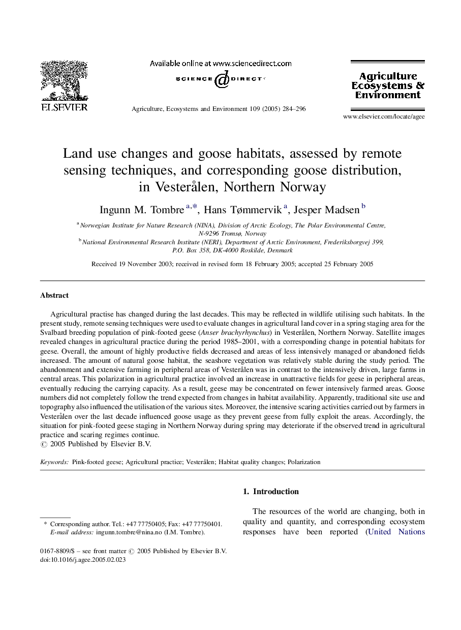 Land use changes and goose habitats, assessed by remote sensing techniques, and corresponding goose distribution, in VesterÃ¥len, Northern Norway