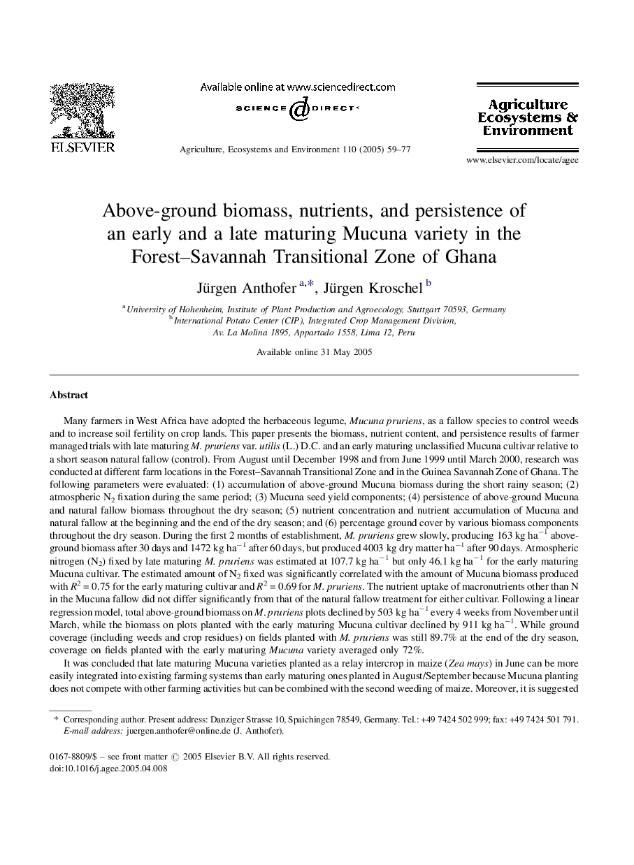 Above-ground biomass, nutrients, and persistence of an early and a late maturing Mucuna variety in the Forest-Savannah Transitional Zone of Ghana