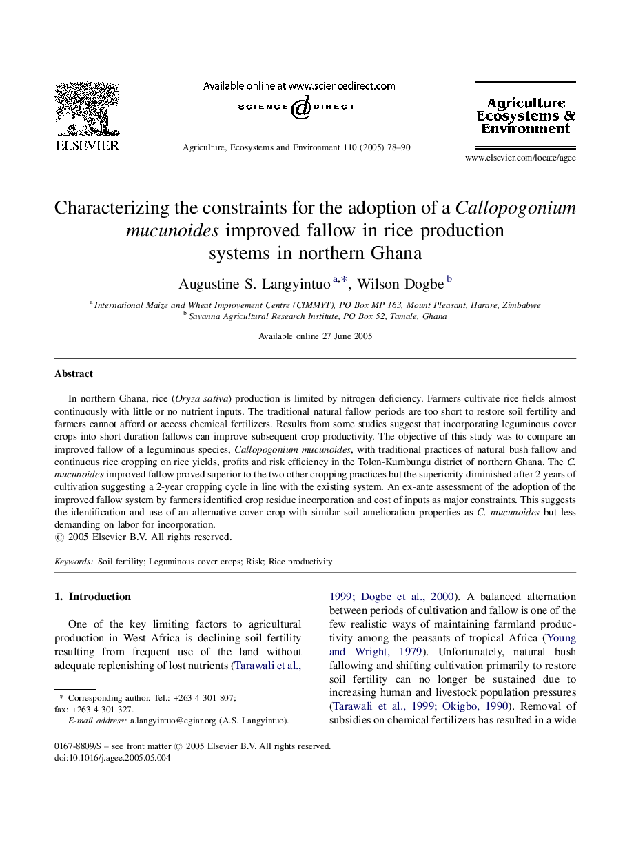 Characterizing the constraints for the adoption of a Callopogonium mucunoides improved fallow in rice production systems in northern Ghana