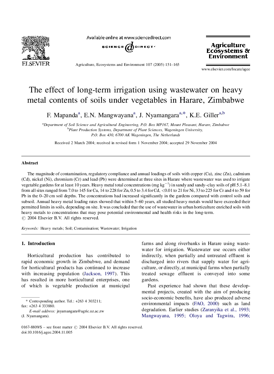 The effect of long-term irrigation using wastewater on heavy metal contents of soils under vegetables in Harare, Zimbabwe