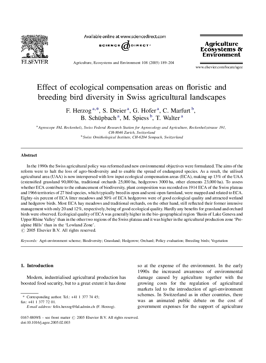 Effect of ecological compensation areas on floristic and breeding bird diversity in Swiss agricultural landscapes