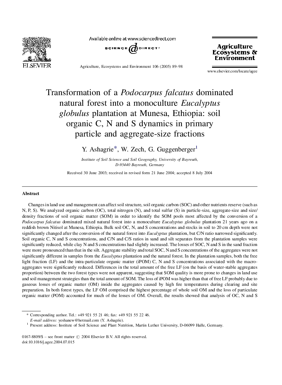 Transformation of a Podocarpus falcatus dominated natural forest into a monoculture Eucalyptus globulus plantation at Munesa, Ethiopia: soil organic C, N and S dynamics in primary particle and aggregate-size fractions