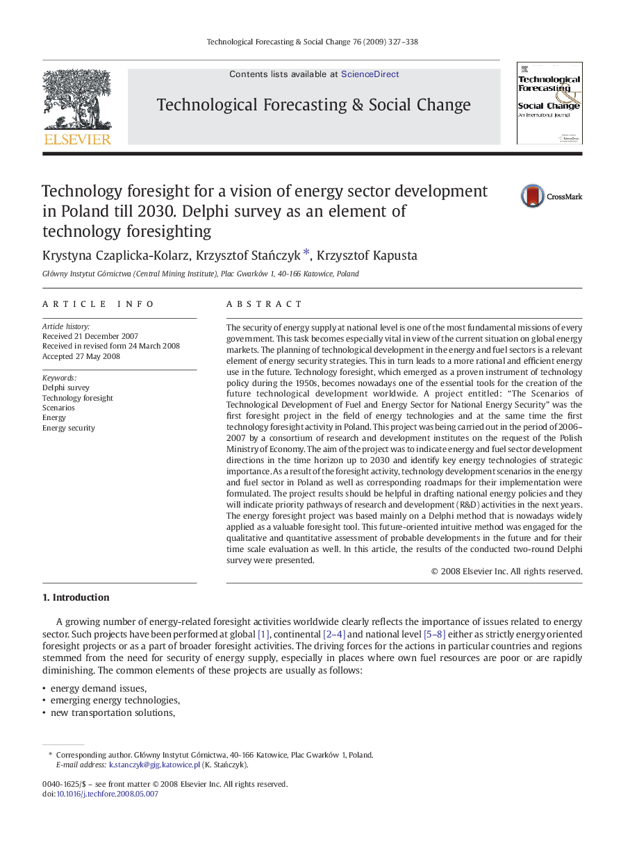 Technology foresight for a vision of energy sector development in Poland till 2030. Delphi survey as an element of technology foresighting