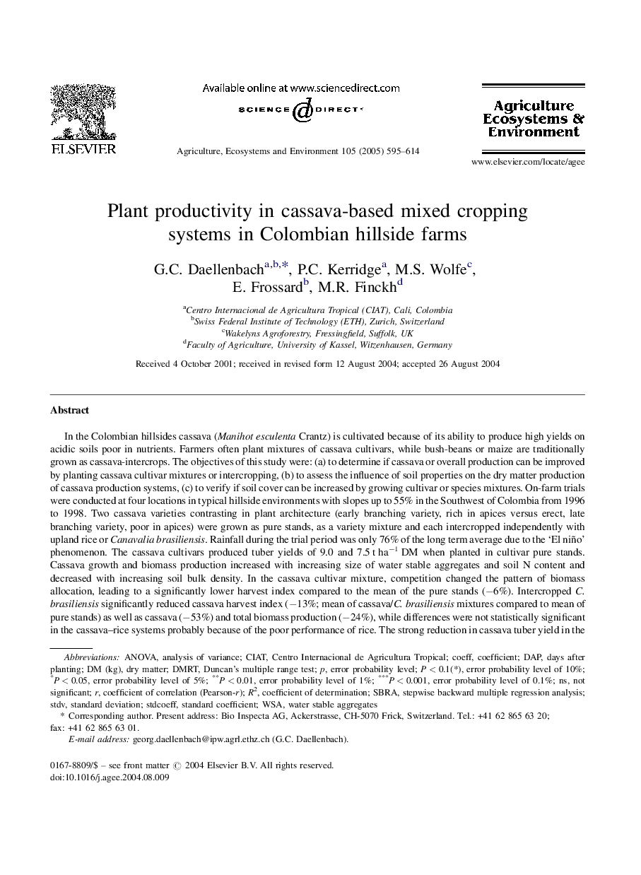 Plant productivity in cassava-based mixed cropping systems in Colombian hillside farms