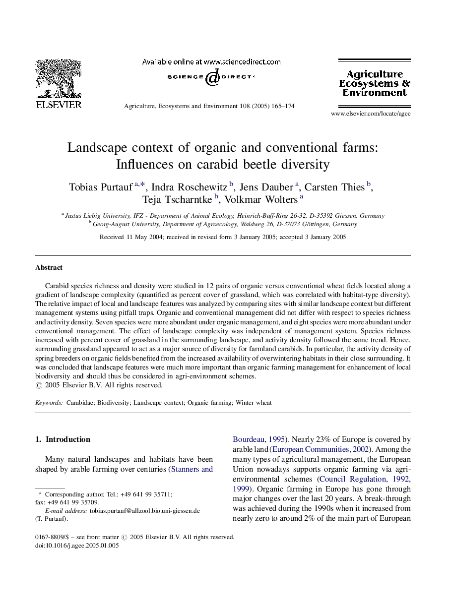 Landscape context of organic and conventional farms: Influences on carabid beetle diversity