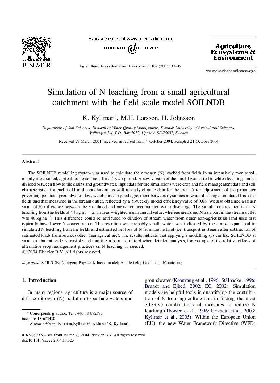 Simulation of N leaching from a small agricultural catchment with the field scale model SOILNDB